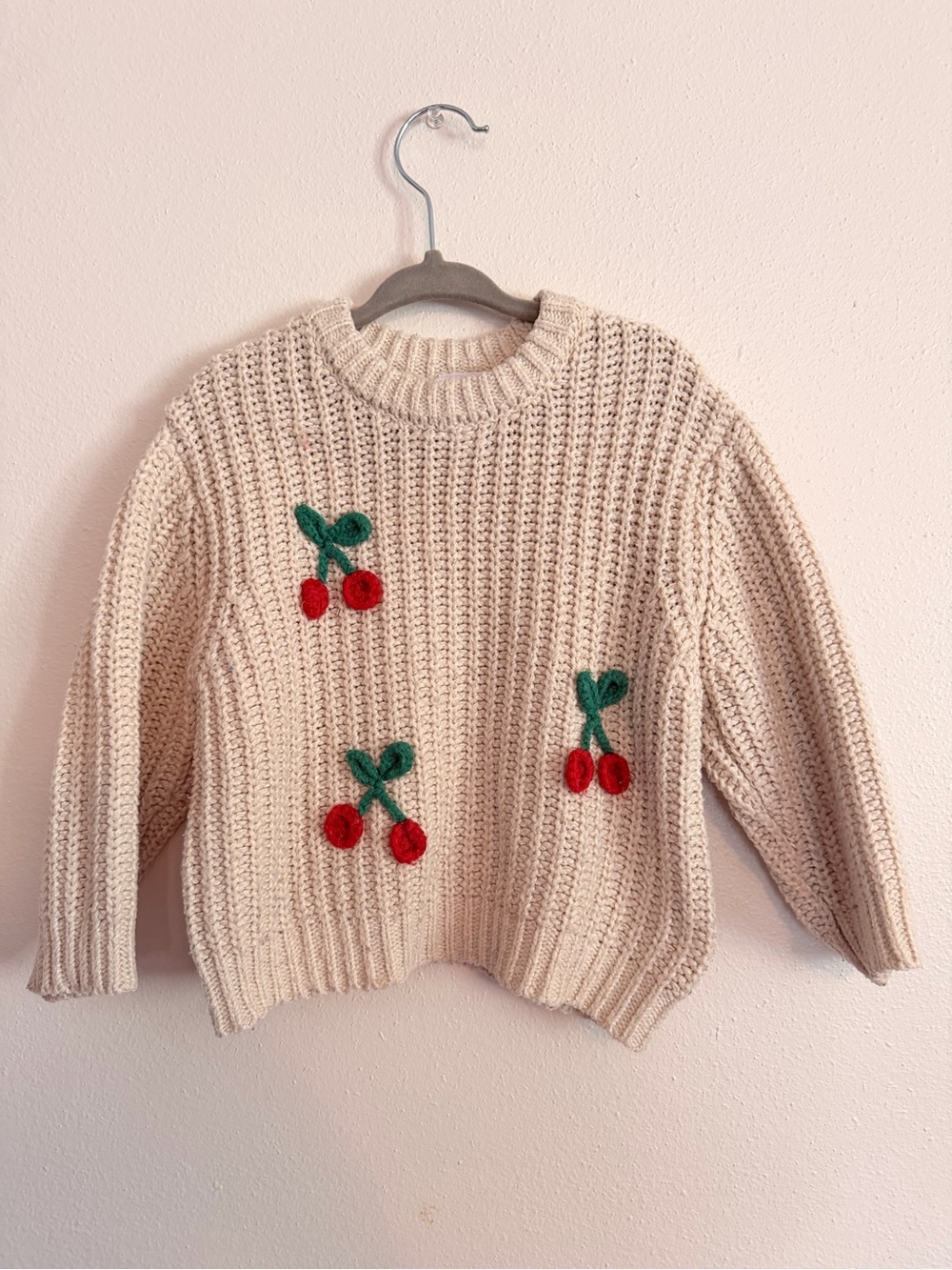 Zara Cream Cherry Appliqué Knit Sweater